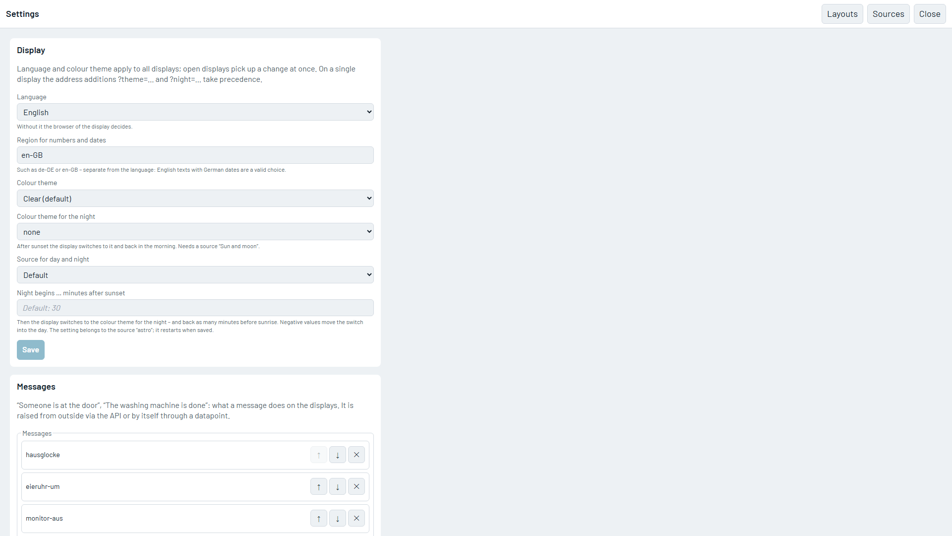 Settings for display, messages and access